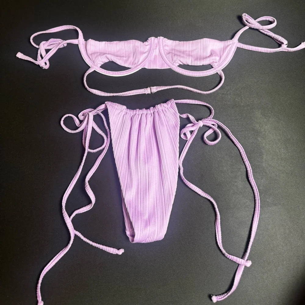 Frankie’s Lilac Ribbed Tie-Side Bikini Set Small Top and Medium Bottom